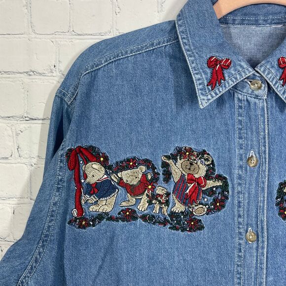 Christmas Shirt Women XL Blue Chambray Button Up Long Sleeve Embroidered Bear - Picture 4 of 9